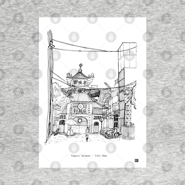 Saigon Old Temple Vietnam Pen and Ink Illustration by Wall-Art-Sketch